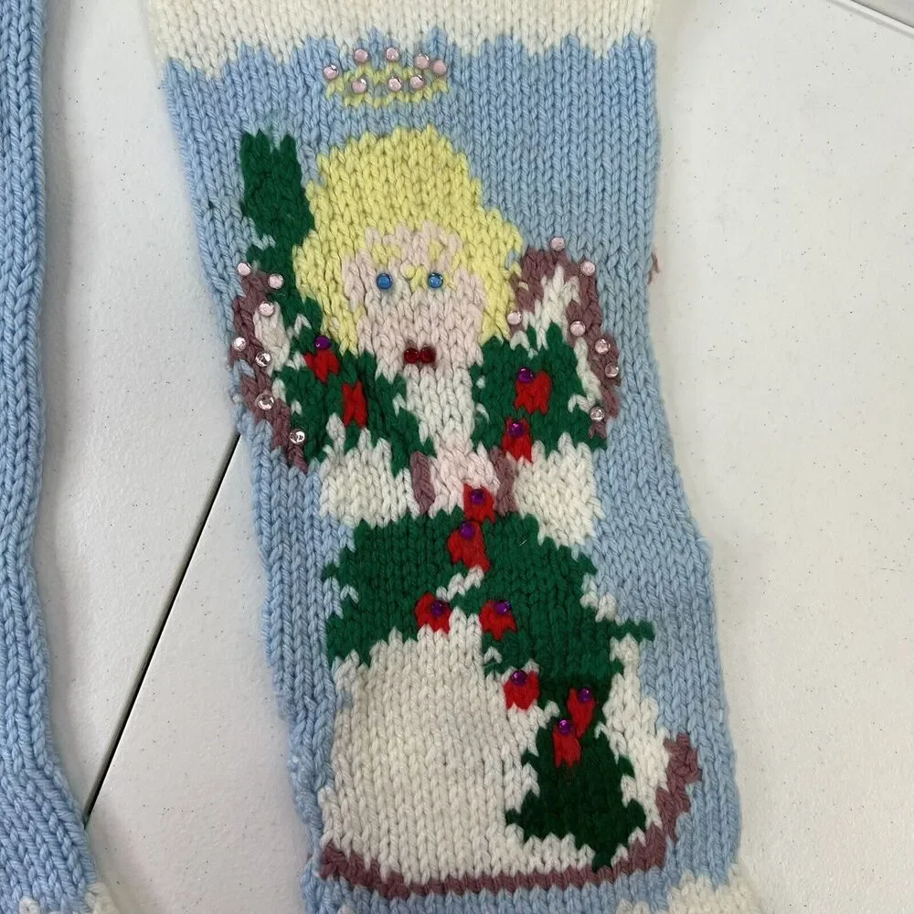 Knitted‎ Christmas Stocking Angel Bird Dove Blue Rustic Farmhouse Holiday Decor
